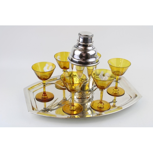 575 - Mid to late 20th century Leviathan silver plated cocktail shaker on plated tray, with yellow glasses... 