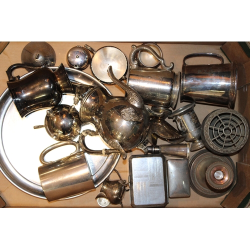 588 - A collection of silver-plated items to include tray, tea pot, tankards, cigarette boxes, bowls and o... 