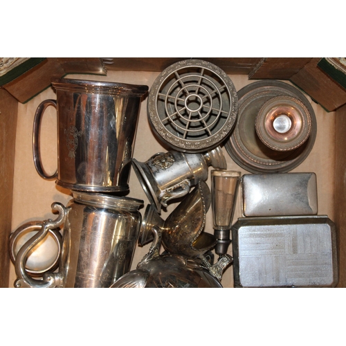 588 - A collection of silver-plated items to include tray, tea pot, tankards, cigarette boxes, bowls and o... 