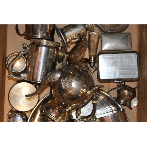 588 - A collection of silver-plated items to include tray, tea pot, tankards, cigarette boxes, bowls and o... 