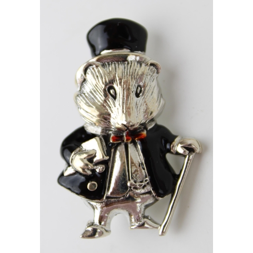 590 - Contemporary sterling silver brooch, Beatrix Potter character 'Amiable Guinea Pig', black enamel jac... 