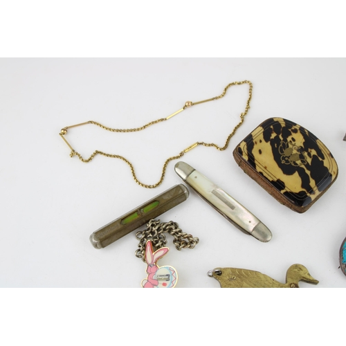 615 - Jewellery to include a metal albert chain, a mother of pearl fruit knife, keys and others (Qty).