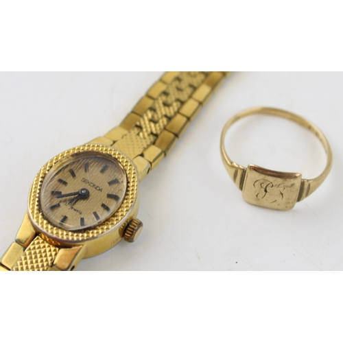 634 - A 9ct gold signet ring (weight 1.8grams) together with a vintage cocktail watch. (2)