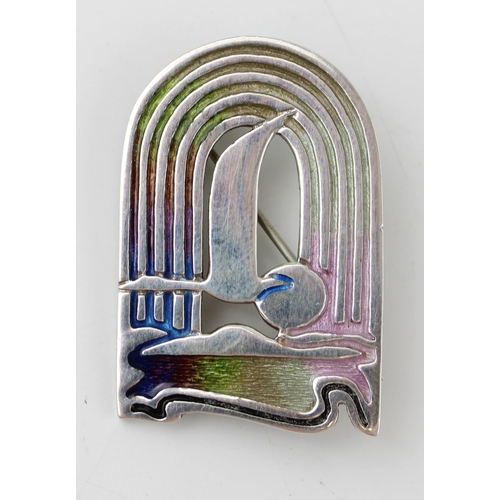 642 - Sterling silver and enamel Art Deco inspired brooch, Edinburgh, Pat Cheney, 35mm tall.