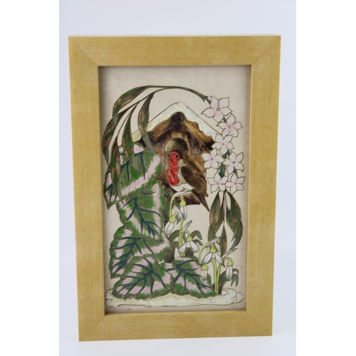 75 - Framed Burslem Pottery trial plaque of a robin amongst foliage and a bird box, 37cm x 24cm.