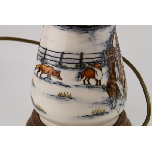 79 - Large Moorcroft lamp base in the Woodside Farm pattern, shape L364/12, Anji Davenport, 34cm tall exc... 