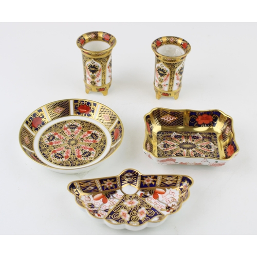 9 - Royal Crown Derby Imari items to include two small footed vases, 6.5cm tall, a circular pin tray, li... 