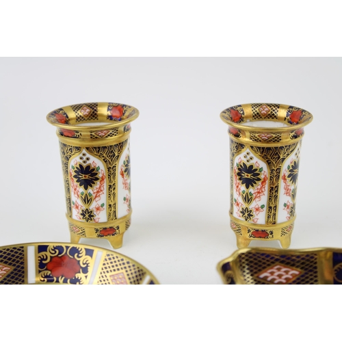 9 - Royal Crown Derby Imari items to include two small footed vases, 6.5cm tall, a circular pin tray, li... 