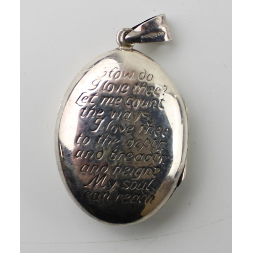 606 - Silver oval locket with love birds to front and romantic verse ' How Do I Love Thee...', 10.0g.