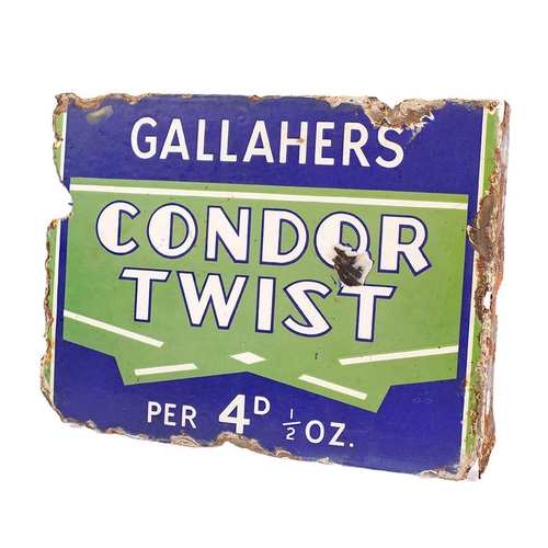 An early 20th century double sided two in one enamel point of sale advertising sign for 'PARK DRIVE' and 'GALLAHERS CONDOR TWIST'. Cobalt blue ground with red and sky blue one side with blue ground and green other side. On original flange.  41cm x 31cm