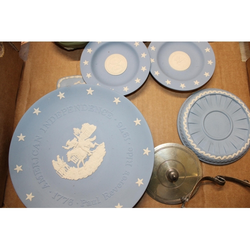 320A - Wedgwood Jasperware, varying colours such as dip blue, green and blue to include a biscuit barrel, t... 