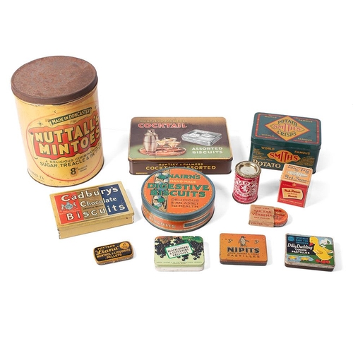 114 - A good collection of vintage advertising tins to include 'Smith's Potato Crisps', 'Nipits' a 'Voltas... 