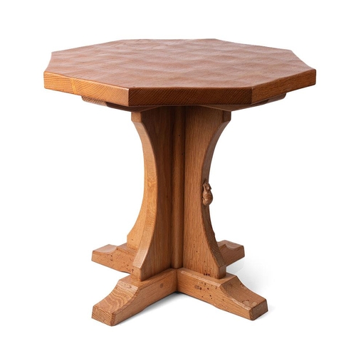 Robert 'Mouseman' Thompson oak octagonal top side table / coffee table, 50cm diameter, dimpled surface, mouse to pedestal, 48cm tall.