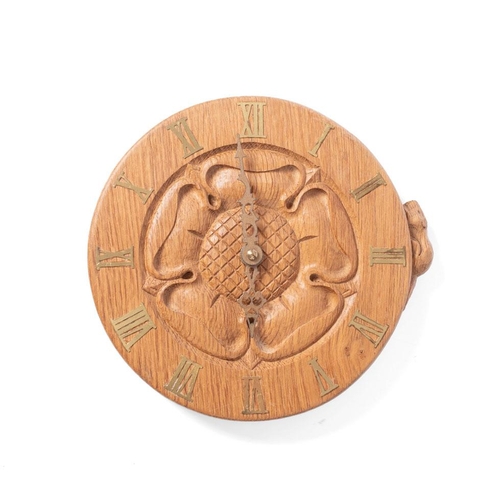 133 - Colin Beaverman Almack: a carved oak 'Yorkshire Rose' wall clock, circular, beaver positioned at 3pm... 