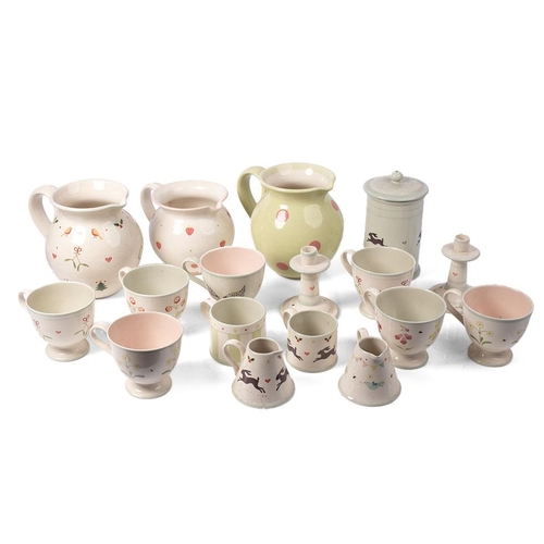 232 - A collection of Susie Watson pottery to include 3 large jugs, 2 small jugs, 2 candlesticks, a storag... 