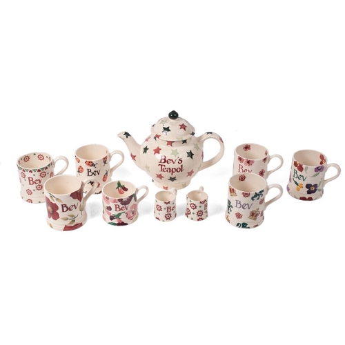 237 - Emma Bridgewater pottery, personalised with names, to include a 4 person teapot, 7 mugs and 2 mini m... 