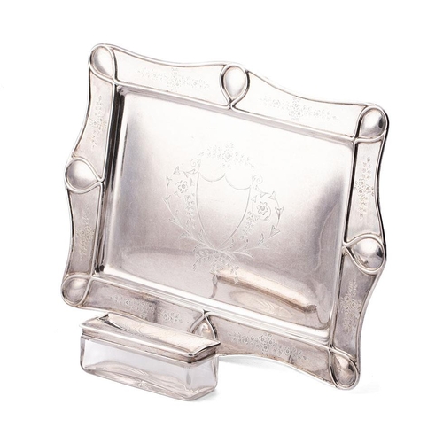 260 - A silver dressing table tray and jar with silver top, both  with bright cut engraved detail, W. G. S... 