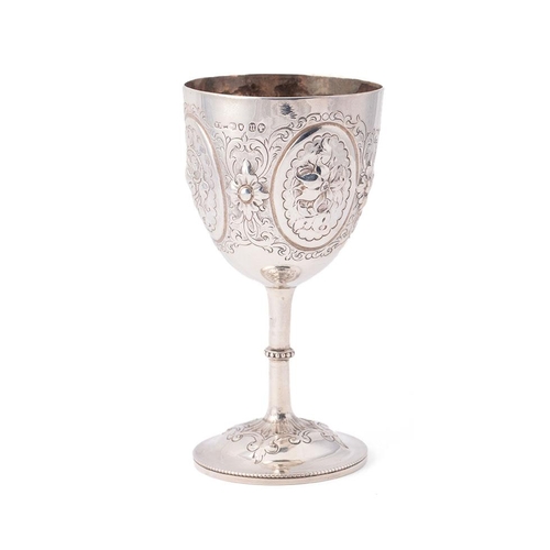 287 - Victorian silver goblet, repousse decoration, London 1875, 'Bradford Horticultural Society', 14cm ta... 