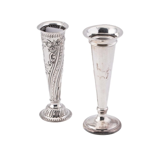 289 - Two silver posy or bud vases, with weighted bases, each of flared form, the smaller with Victorian r... 