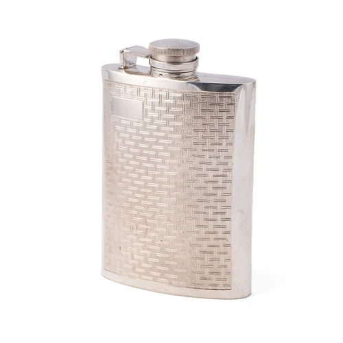 312 - Silver hip flask with engine turned decoration. Weight 151g.