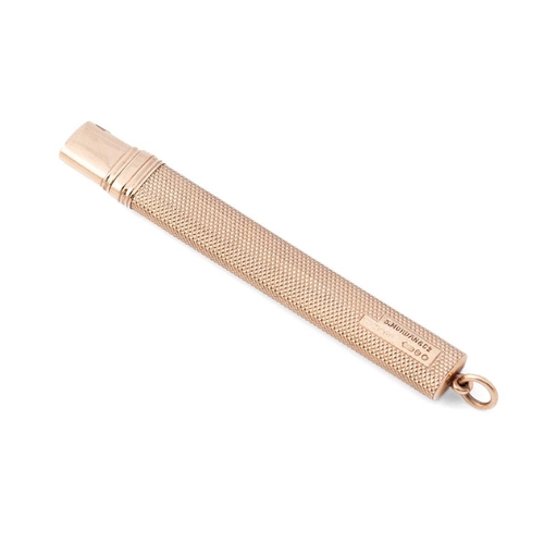 318 - Samson Mordan & Co 9ct gold pencil case / needle case, textured handle, empty, 7.2g, 9cm long.