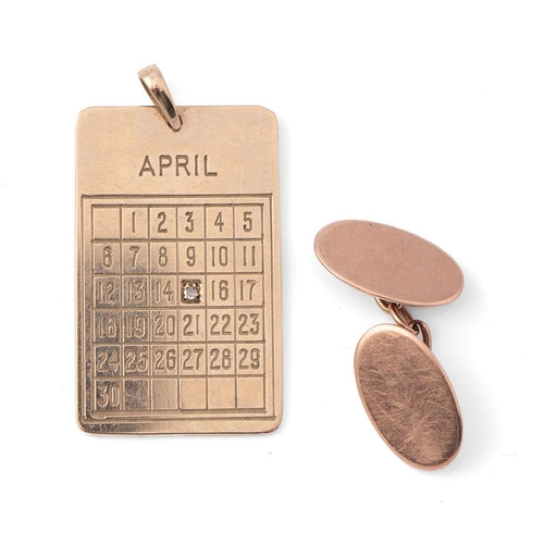 336 - A 9ct gold calender pendant set with a diamond to 15th April, 12.2g,  together with a 9ct gold doubl... 