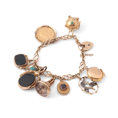 A 9ct gold Celtic weave charm bracelet, with heart shaped padlock clasp and nine various charms including a George V full sovereign, 1911, in mount, two swivel fobs, a black opal and seed pearl pendant, a spherical locket set with coral turquoise and jad, an oval pendant set with an old cut diamond and an enamel flag pendant, total weight 66.2g.