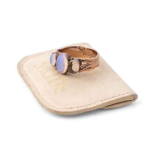 360 - An 18ct rose gold and opal three stone ring, a/f one opal absent, size K/L, 4.2g.