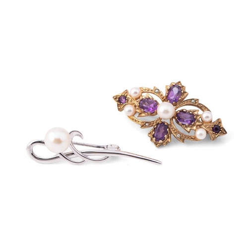 361 - A 9ct gold amethyst and pearl brooch, with central quatrafoil of four oval cut amethysts, with pearl... 