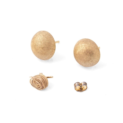 366 - A pair of 18ct gold earrings, of textured domed form, untested, but testing as at least 18ct, 5.0g.