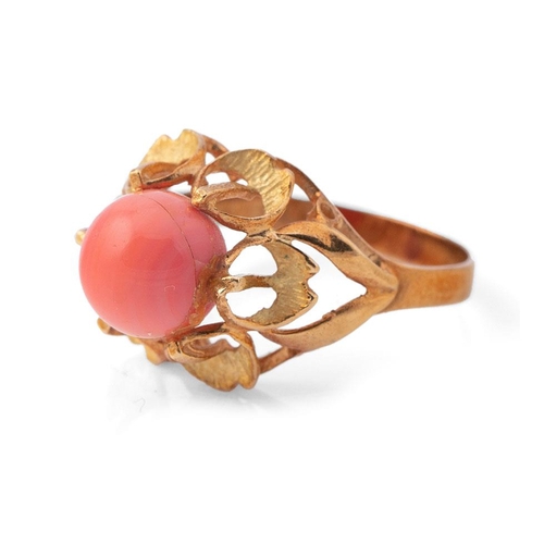 378 - 14ct gold (tests as) lady's ornate floral ring, set coral, 3.0g, size L.