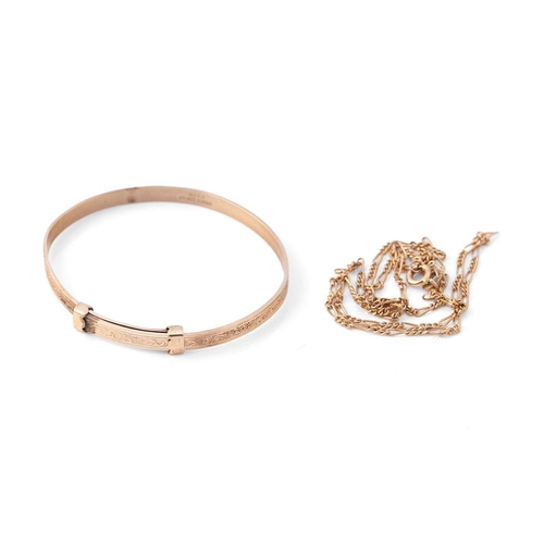 387 - 9ct gold figaro chain, 2.2g, 39cm long, with a 1/5 9ct gold bangle, 4.2g (2).