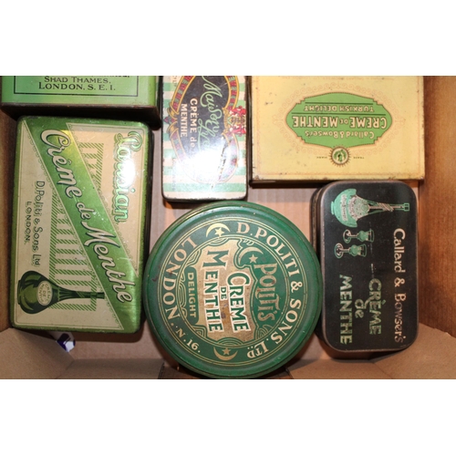 102 - A collection of vintage advertising tins to include 'Creme de Menthe', 'Jasco', 'Maison Lyons' and o... 