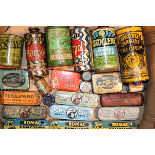 106 - A collection of adverting tins relating to vintage bicycles to include puncture repair kits and Fren... 