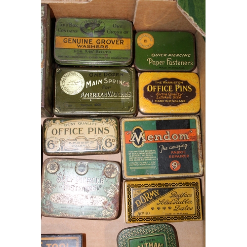 108 - A collection of advertising tins and packaging relating to hardware, to include drawing pins, washer... 