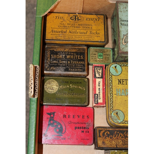 108 - A collection of advertising tins and packaging relating to hardware, to include drawing pins, washer... 