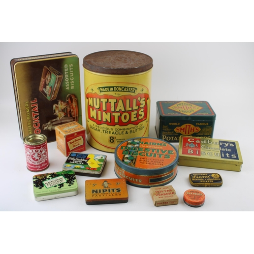 114 - A good collection of vintage advertising tins to include 'Smith's Potato Crisps', 'Nipits' a 'Voltas... 