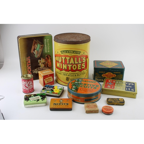 114 - A good collection of vintage advertising tins to include 'Smith's Potato Crisps', 'Nipits' a 'Voltas... 