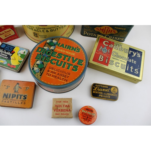 114 - A good collection of vintage advertising tins to include 'Smith's Potato Crisps', 'Nipits' a 'Voltas... 