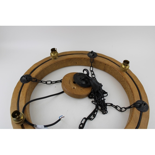 123 - Robert 'Mouseman' Thompson circular oak chandelier / ceiling mounted light fitting, four-sconce exam... 