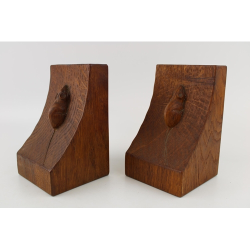 128 - Robert 'Mouseman' Thompson pair of oak bookends, carved mouse decoration to each, 15cm tall (2).