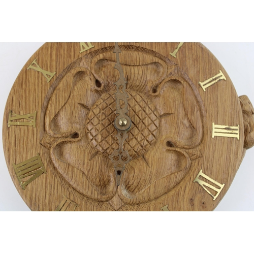 133 - Colin Beaverman Almack: a carved oak 'Yorkshire Rose' wall clock, circular, beaver positioned at 3pm... 