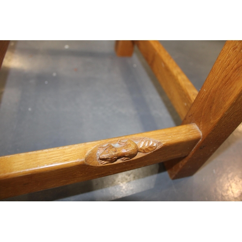 134 - Colin Beaverman Almack: a pair of oak dining chairs, upholstered seats, carved squirrel decoration t... 