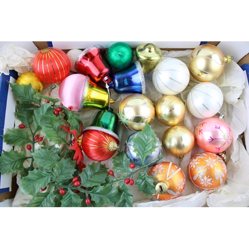 148 - A box of vintage Christmas decorations to include glass baubles, satin baubles and plastic ivy.