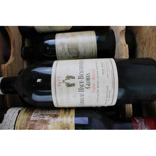 190 - A collection of vintage French wines in a wooden case to include five bottles of Chateau Margaux 197... 