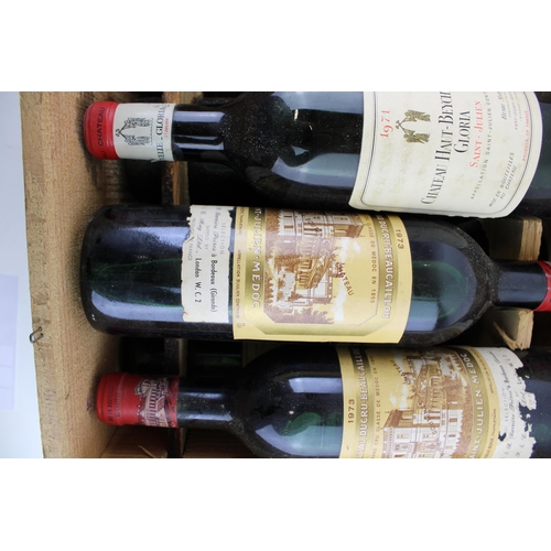 190 - A collection of vintage French wines in a wooden case to include five bottles of Chateau Margaux 197... 