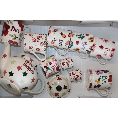 237 - Emma Bridgewater pottery, personalised with names, to include a 4 person teapot, 7 mugs and 2 mini m... 