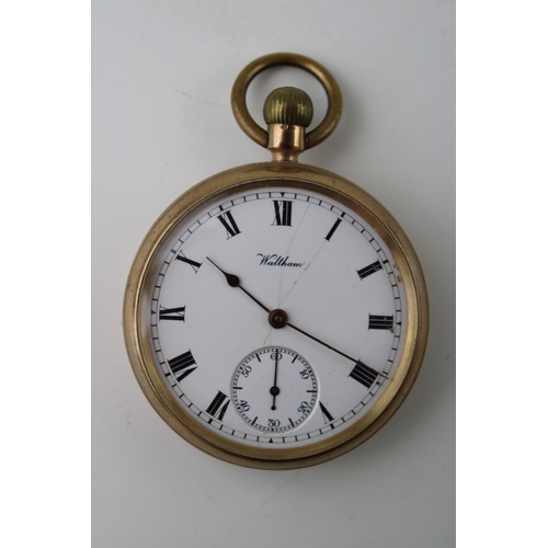 248 - A 9ct gold cased, keyless wind Waltham pocket watch the signed white enamel dial, with Roman numeral... 