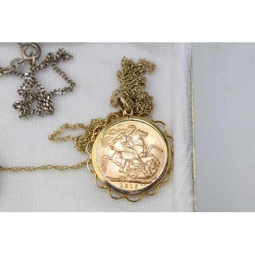 250 - A George V gold sovereign, 1915, in 9ct gold pendant mount with 9ct gold chain, total weight includi... 