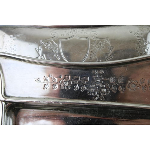 260 - A silver dressing table tray and jar with silver top, both  with bright cut engraved detail, W. G. S... 